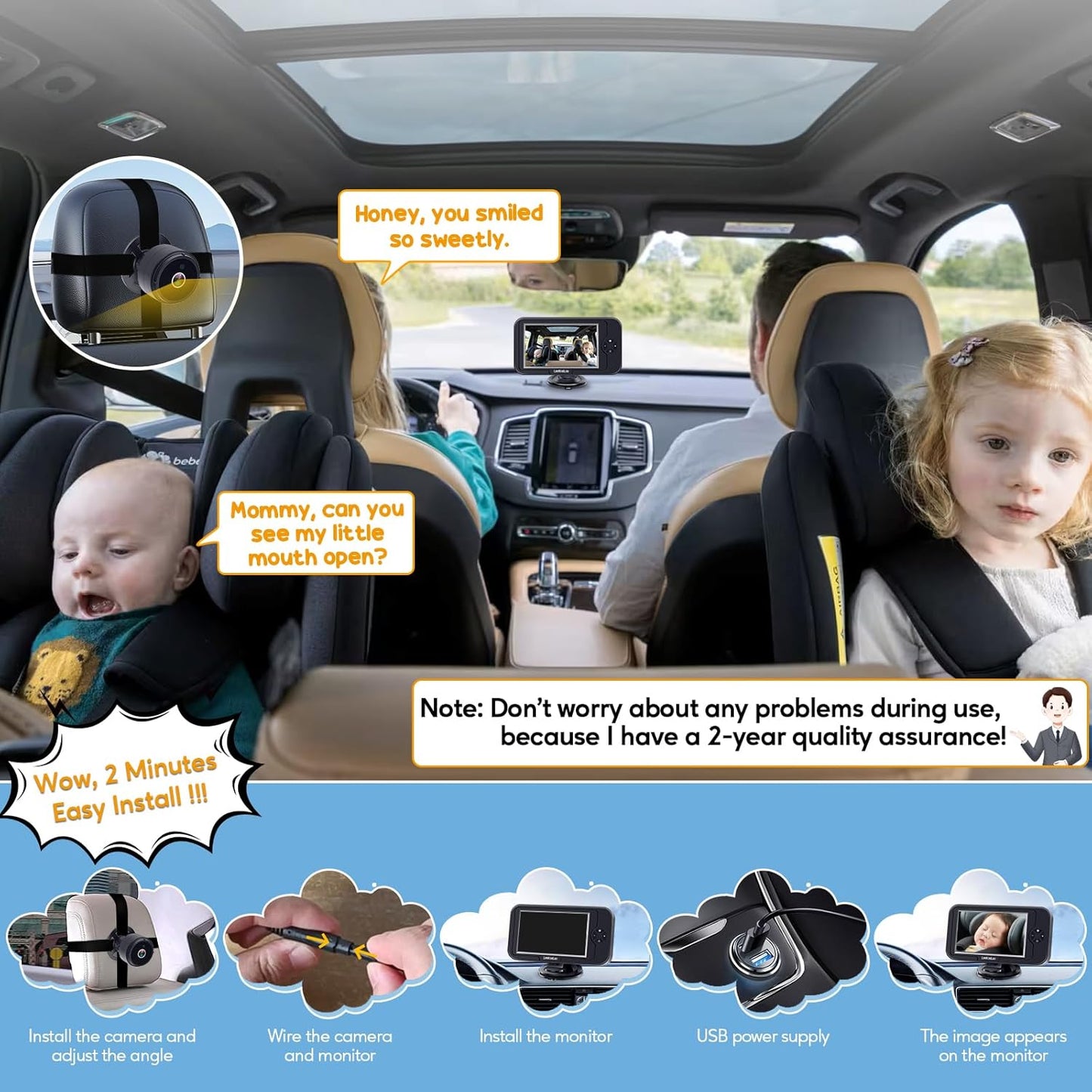 Baby Car Camera for Backseat 1080P - HD Vision, 360° Rotation