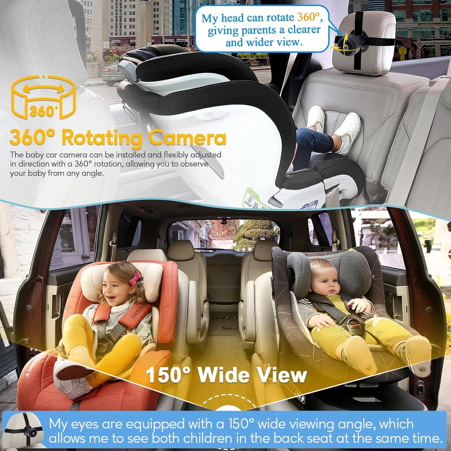 Baby Car Camera for Backseat 1080P - HD Vision, 360° Rotation